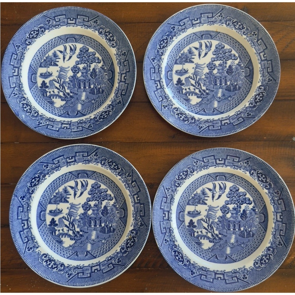 4 YE OLDE Grimwades Blue Willow 9”Dinner Plates Staffordshire England Vintage 4